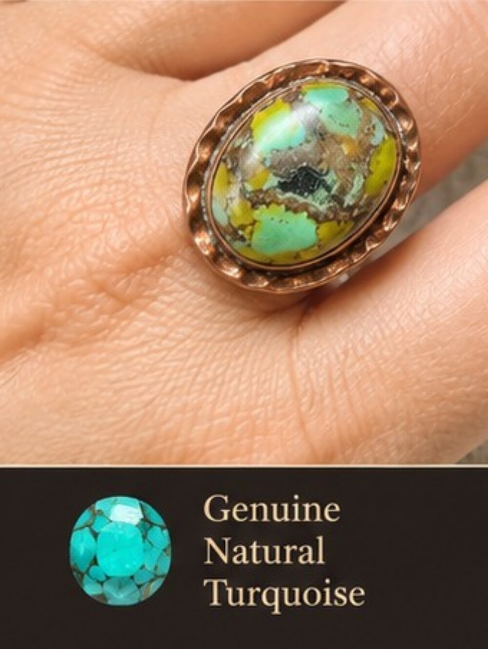 Handmade Genuine Natural Turquoise Copper Statement Ring Size 8 Artisan Boho